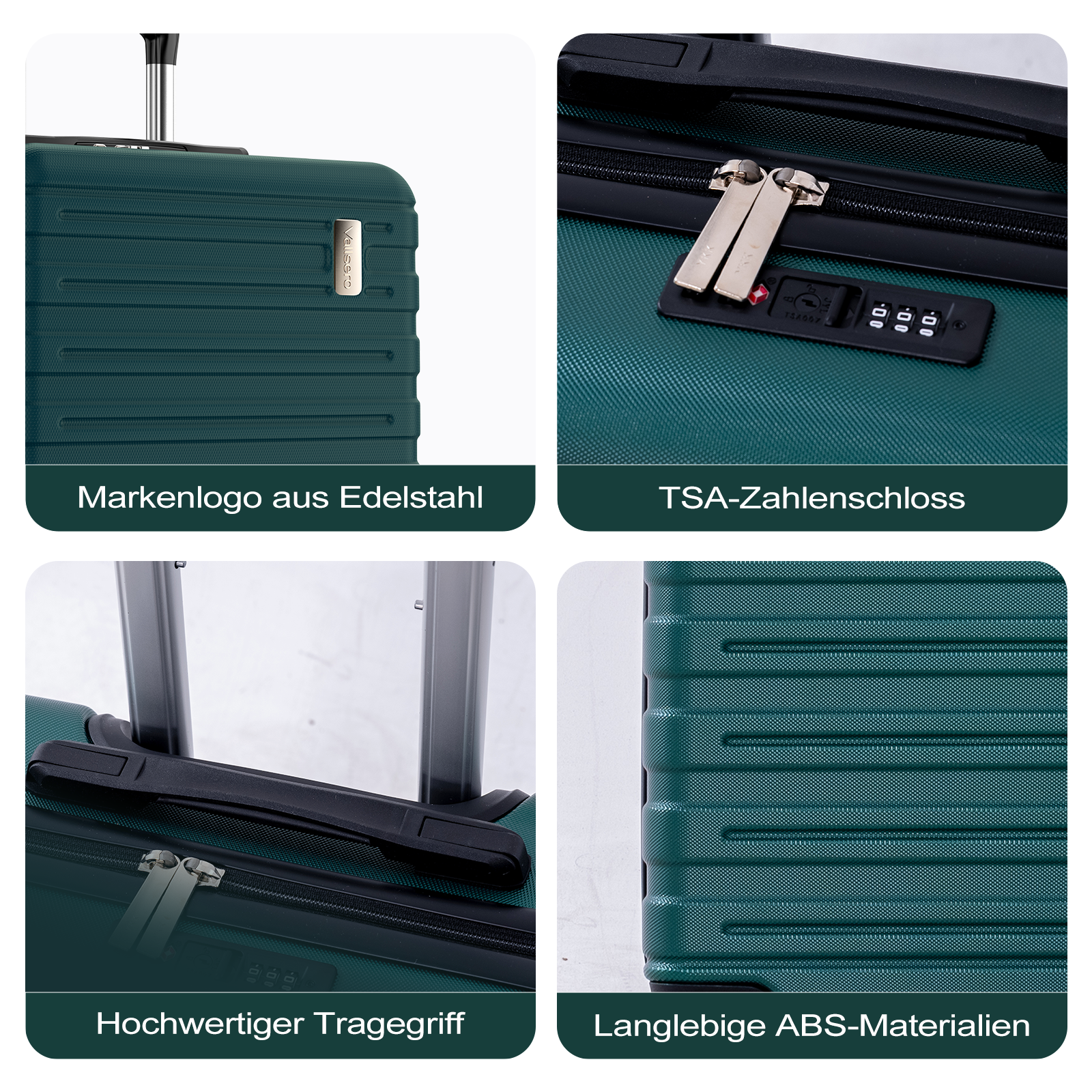 Vier Detailansichten eines dunkelgrünen Koffers: Logo, Schloss, Griff und Material.