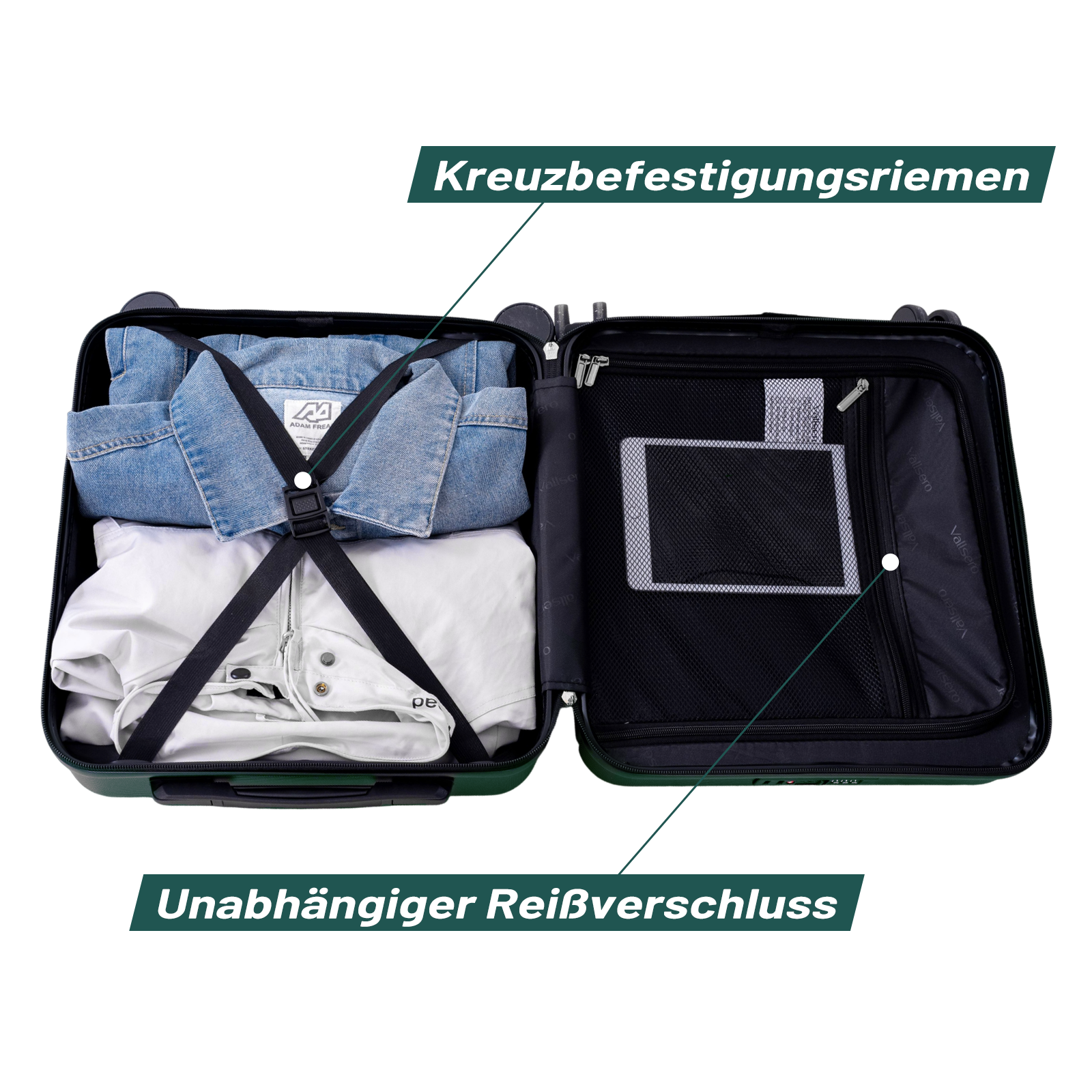 Grüner Koffer geöffnet mit Kleidung und Tablet im Fach.