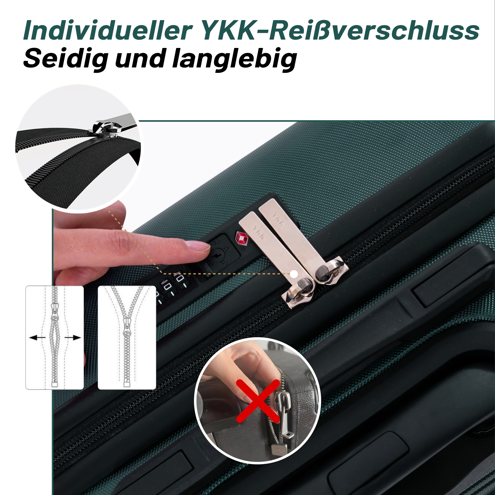 Nahaufnahme eines Koffers mit YKK-Reißverschluss und TSA-Schloss.