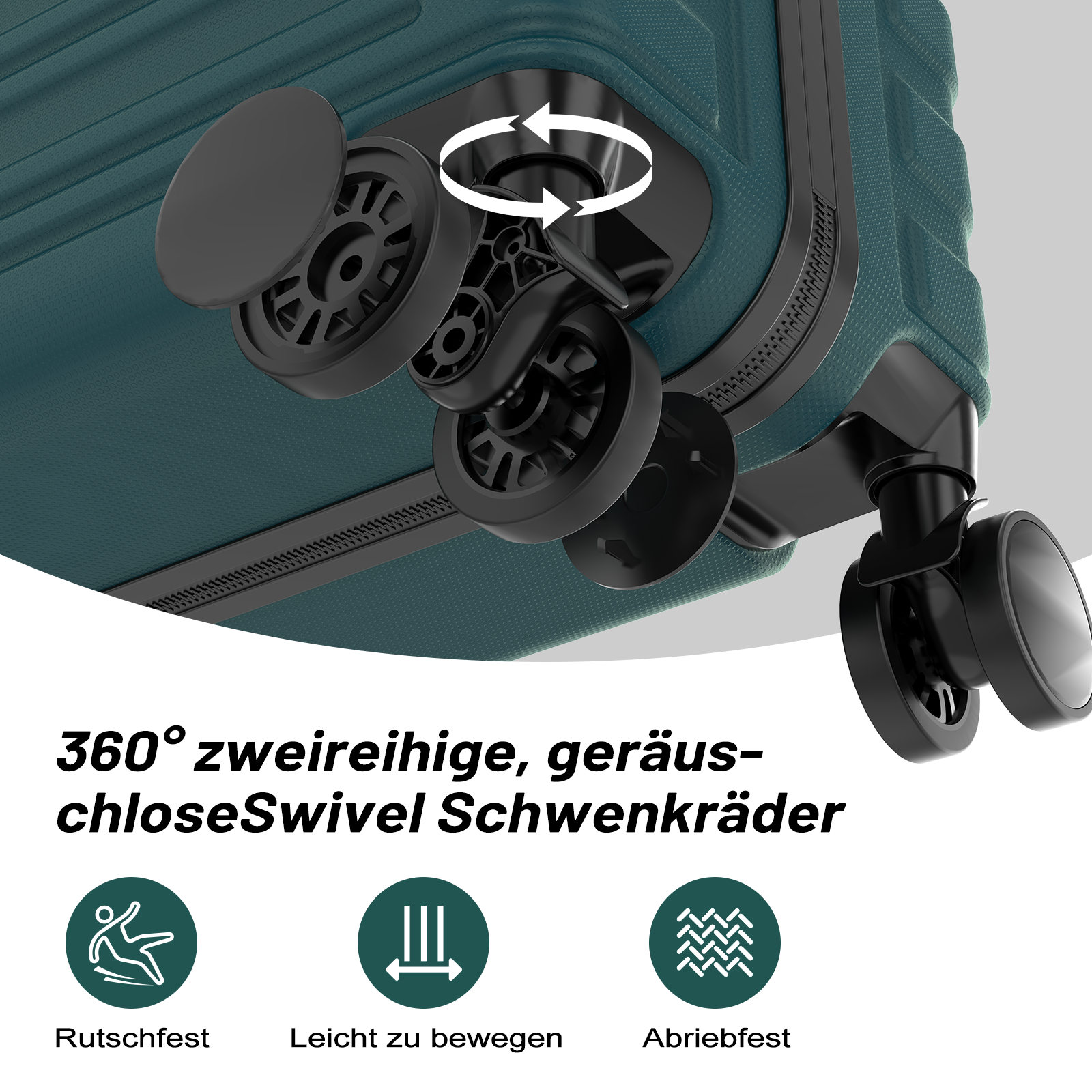 Ein grüner Koffer mit schwarzen 360-Grad-Doppelrollen und Symbolen.
