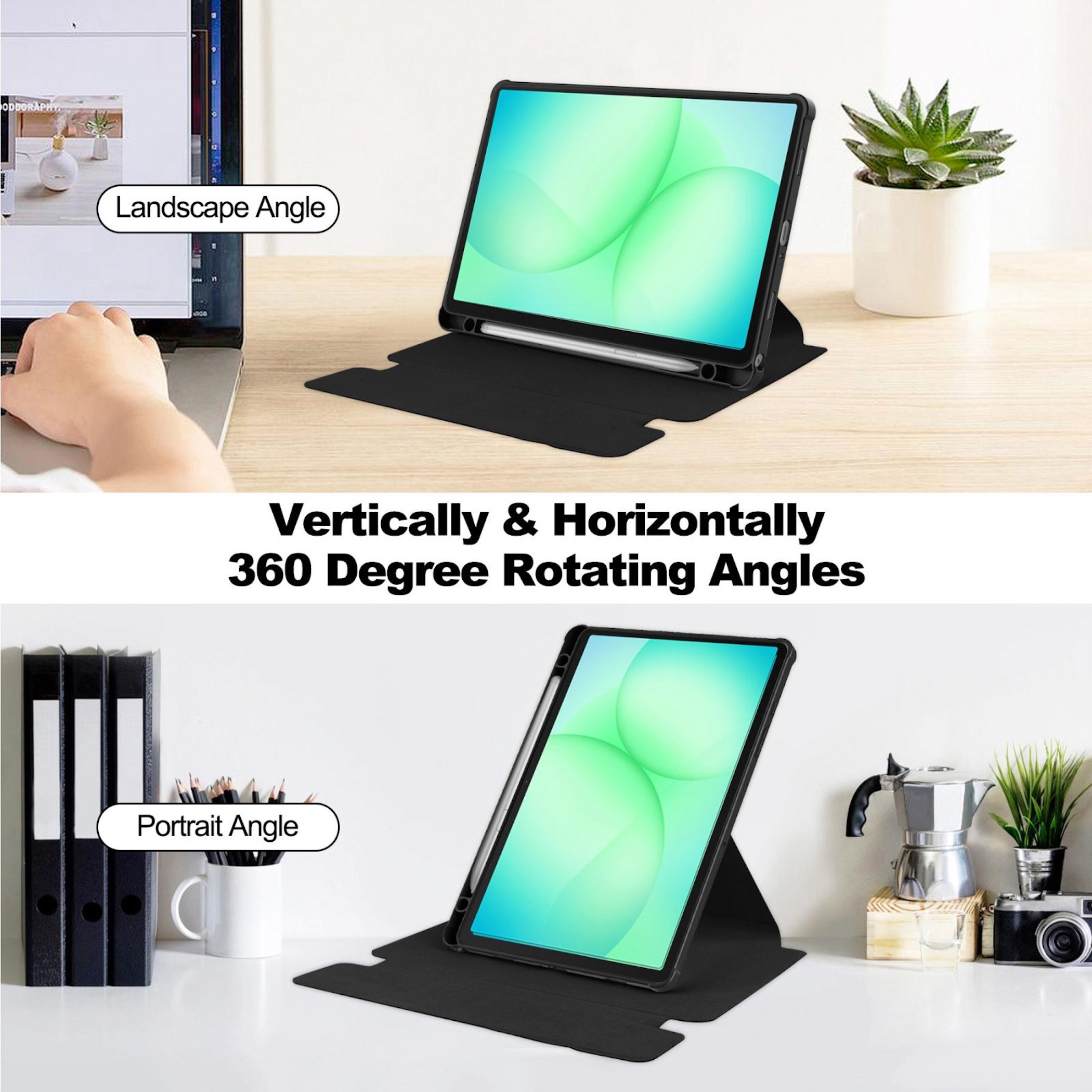 Una tableta en funda negra, mostrada en orientación horizontal y vertical.