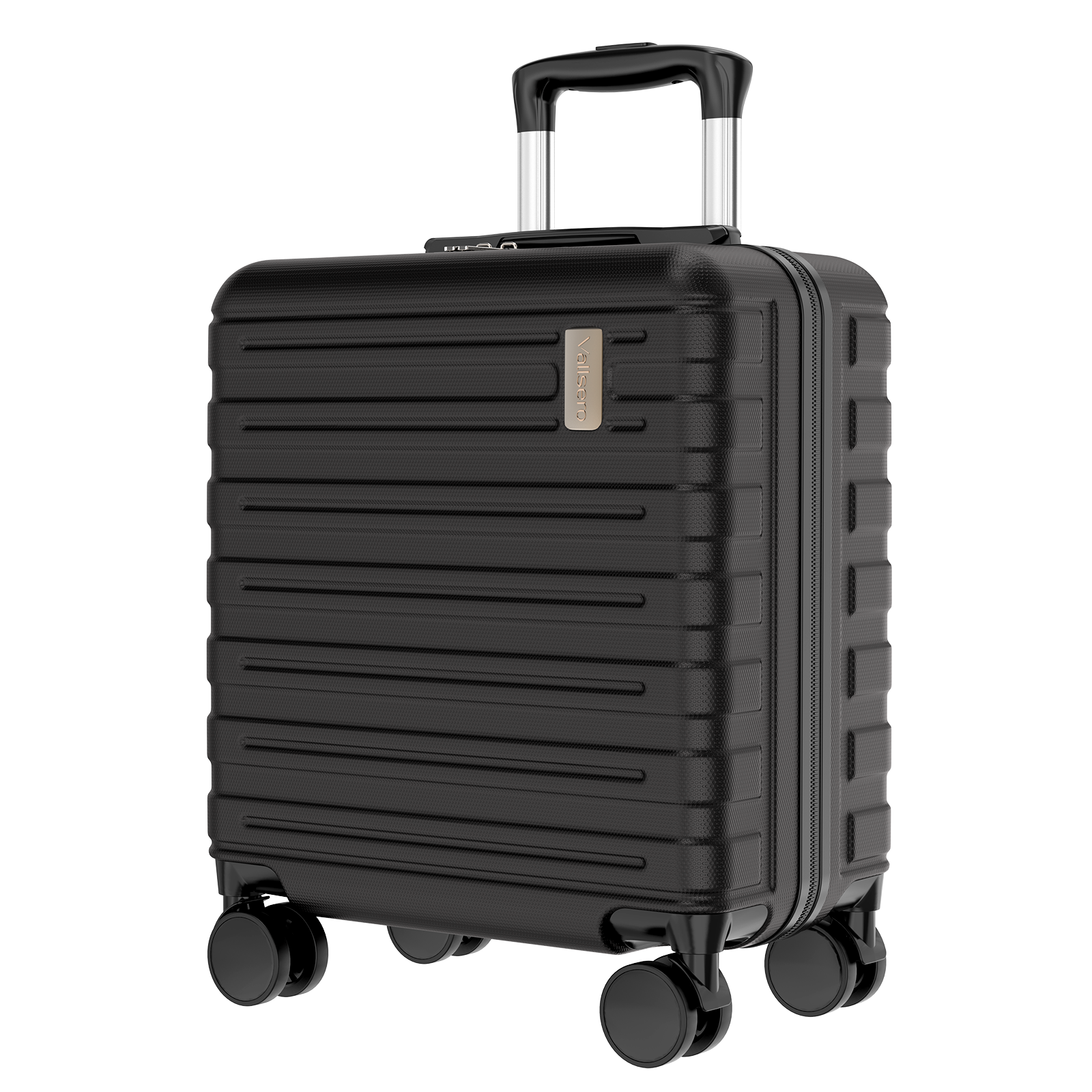 Czarna walizka na kółkach z wysuwaną rączką i czterema kołami, prążkowana.