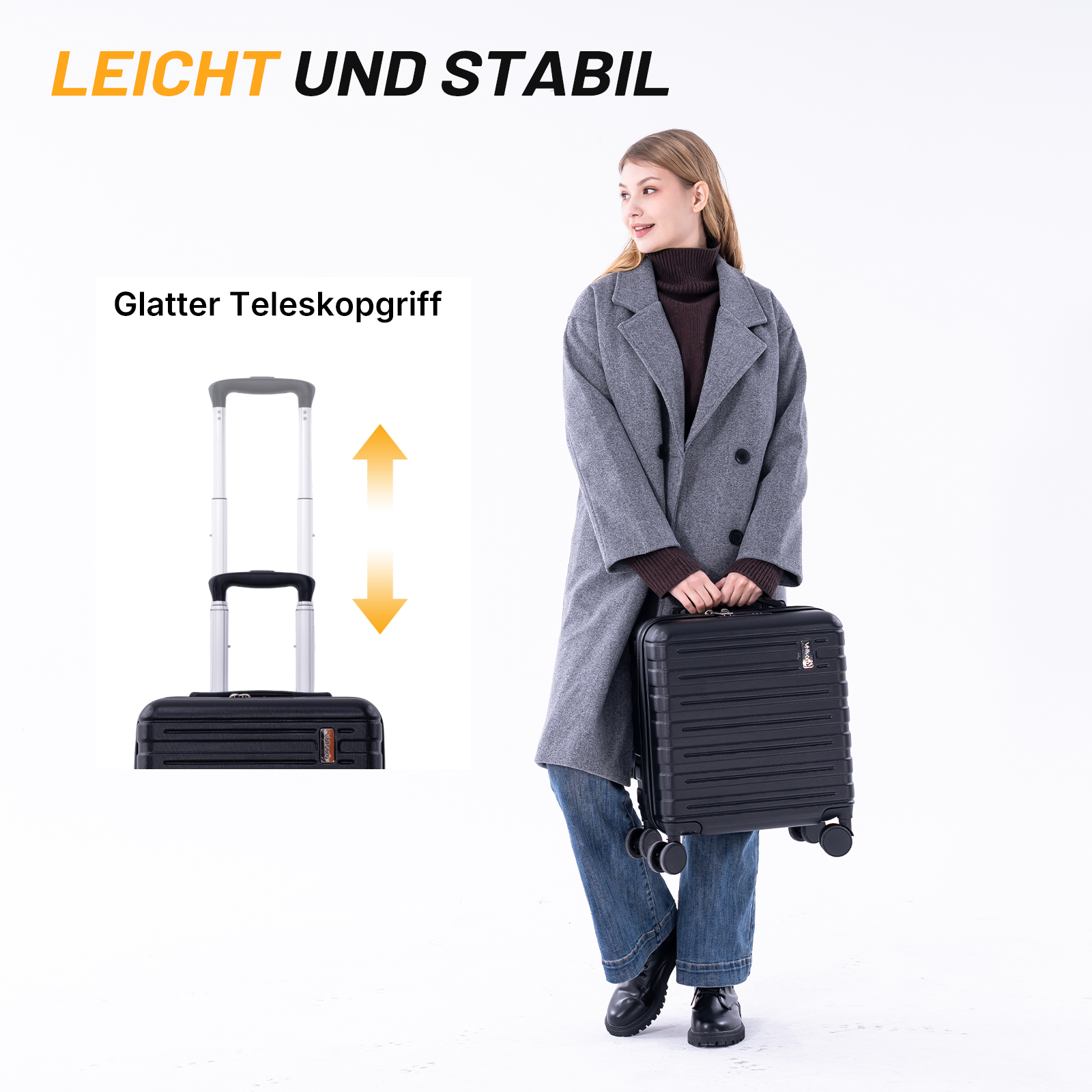 Eine Frau mit langem Mantel und Jeans hält einen schwarzen Koffer. Nahaufnahme des Teleskopgriffs.