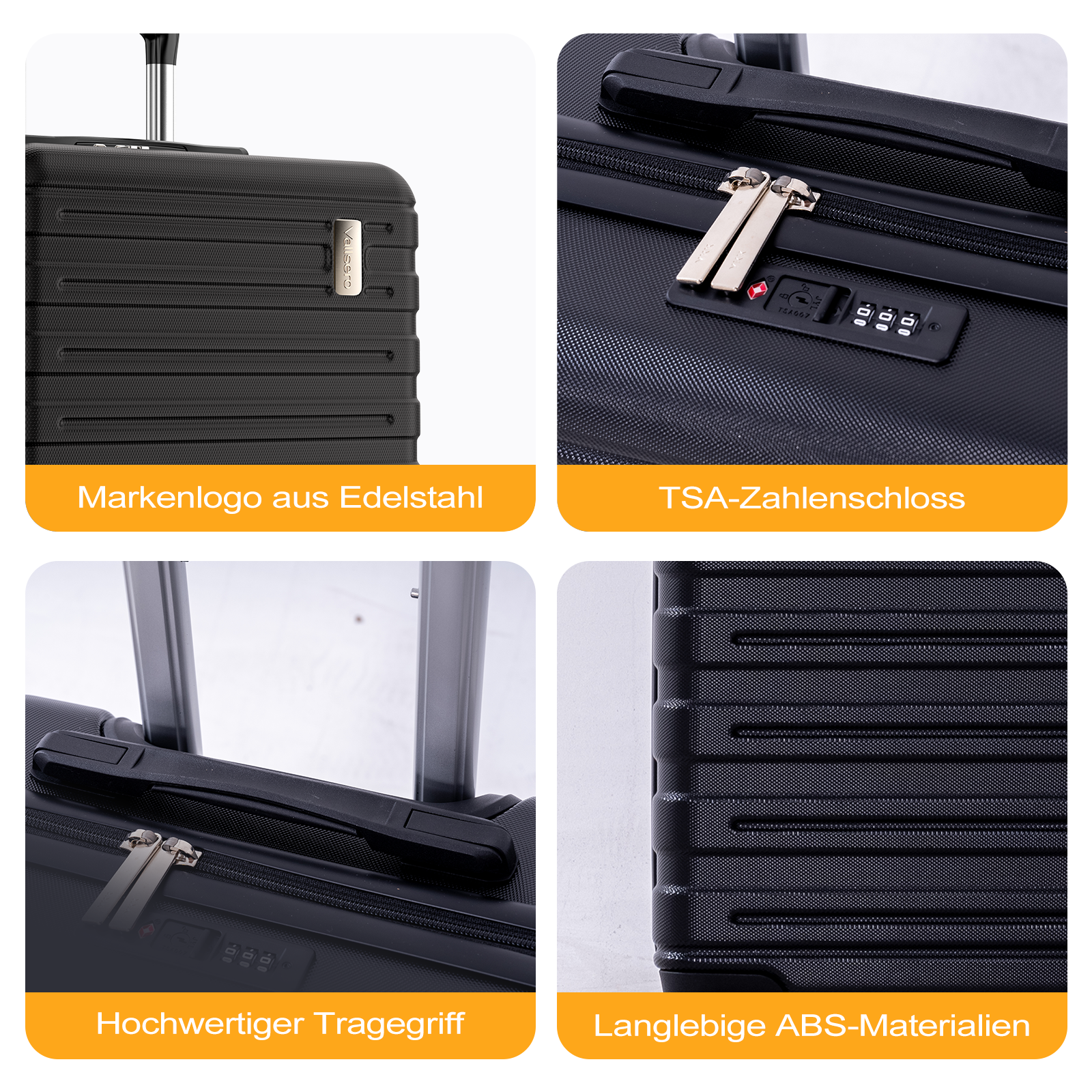Schwarzer Koffer mit TSA-Schloss, Edelstahl-Logo, Griff und ABS-Material.