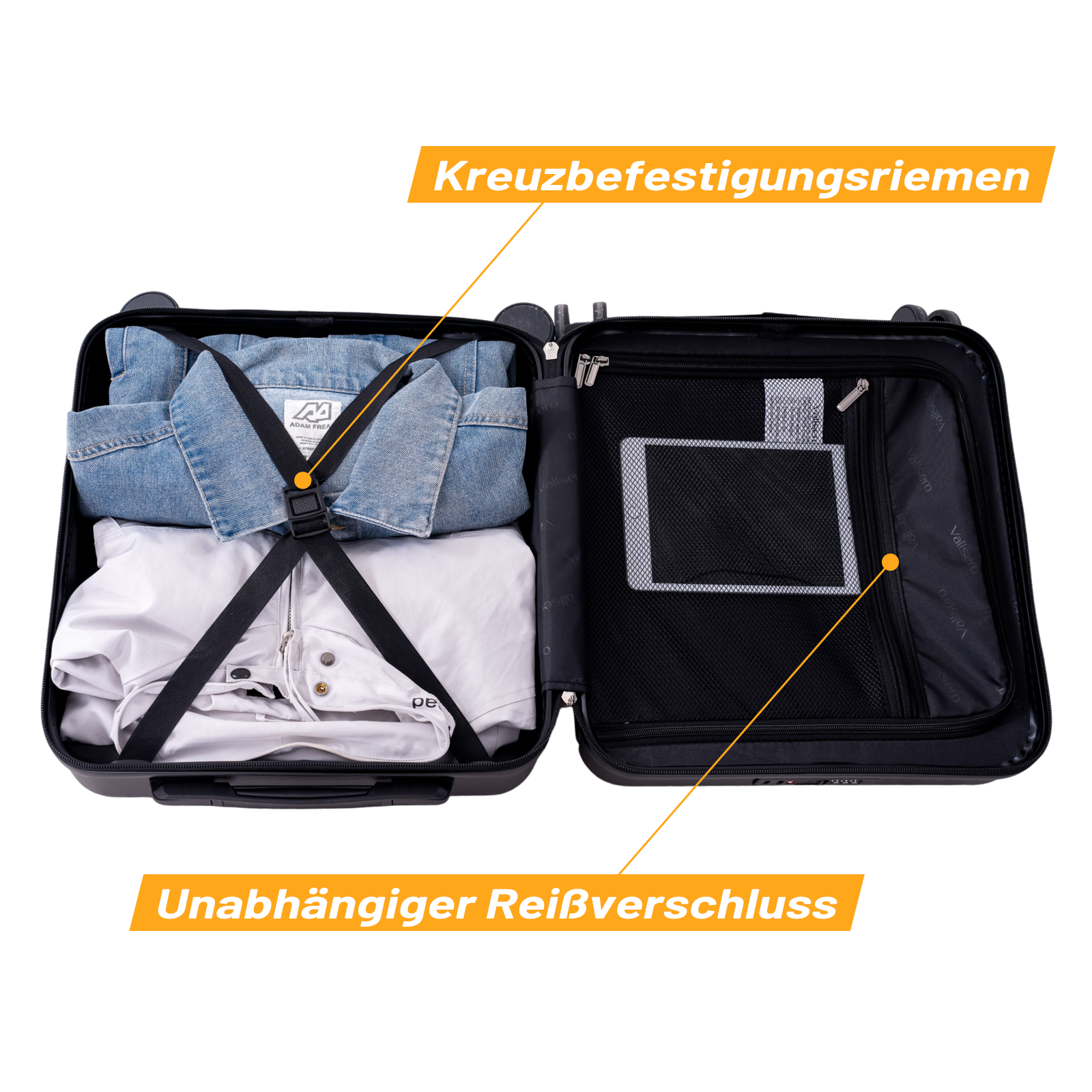 Offener Koffer mit Kleidung und Tablet. Mit Gurten und Reißverschlusstasche.