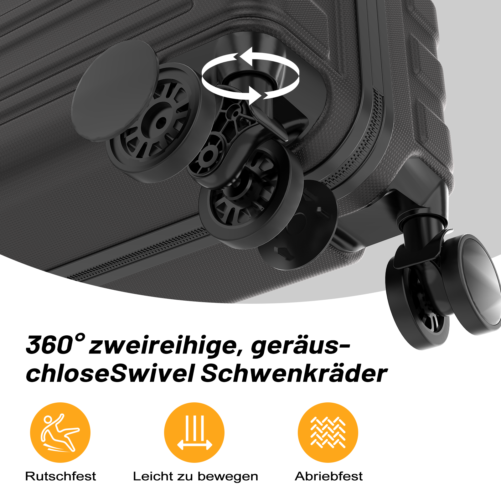 Schwarzer Koffer mit 360°-Doppelrollen, Rutschfest, Leicht zu bewegen, Abriebfest.
