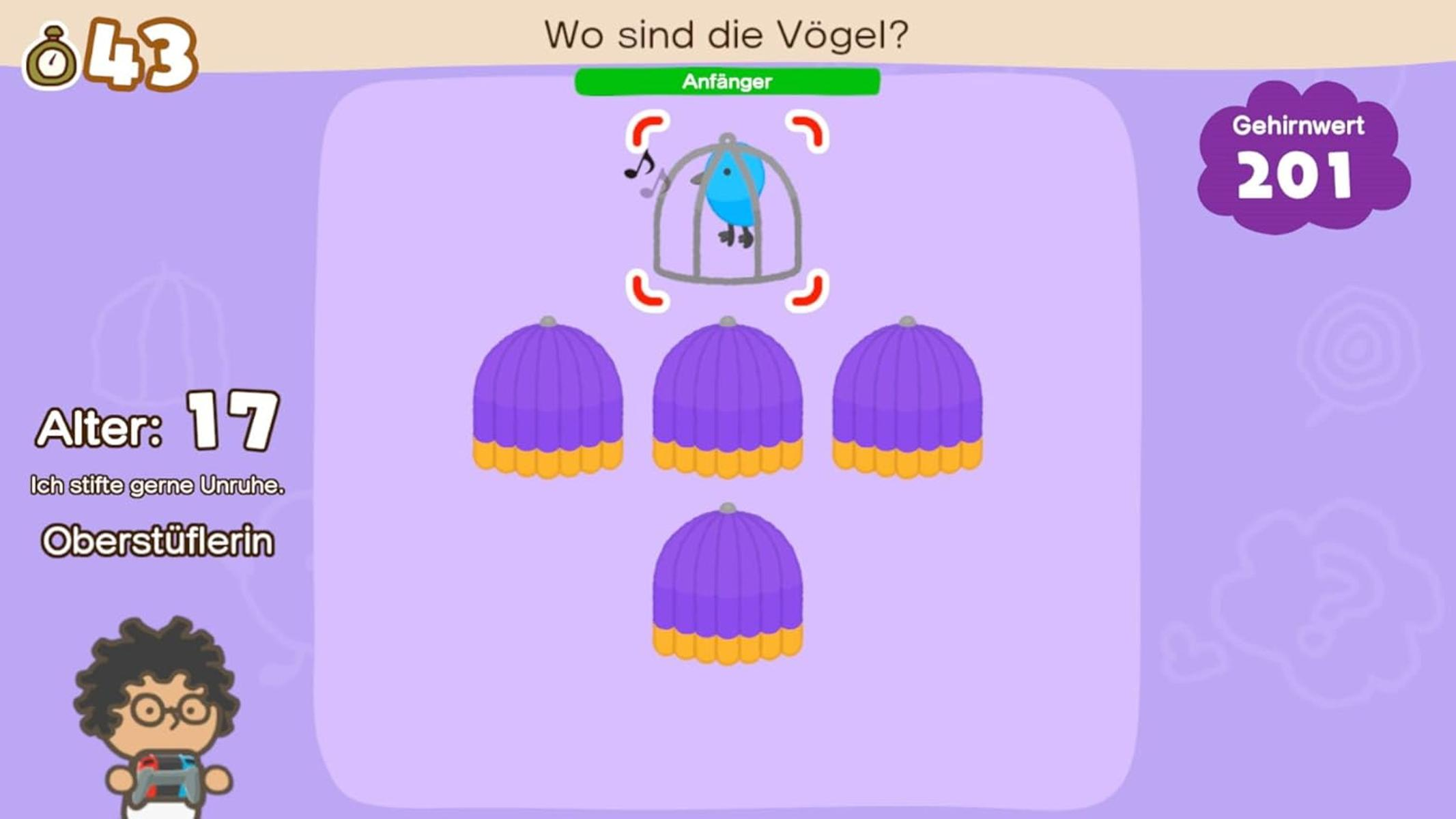 Een blauwe vogel in een kooi boven vier paarse hoeden.