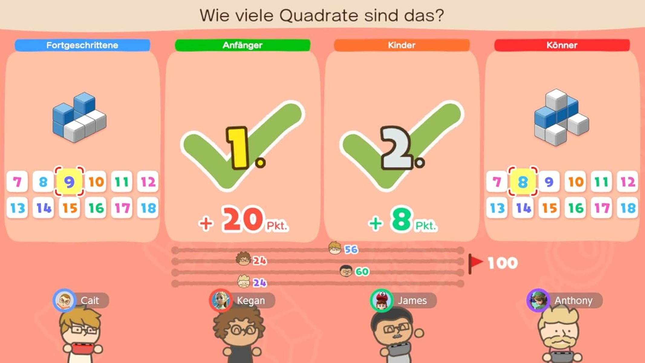 Spelscherm met vier categorieën: Gevorderd, Beginner, Kinderen, Expert. Speler scores zichtbaar.