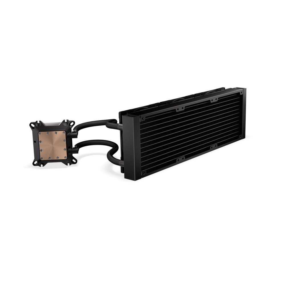 Refroidisseur CPU noir avec pompe, tuyaux et radiateur.