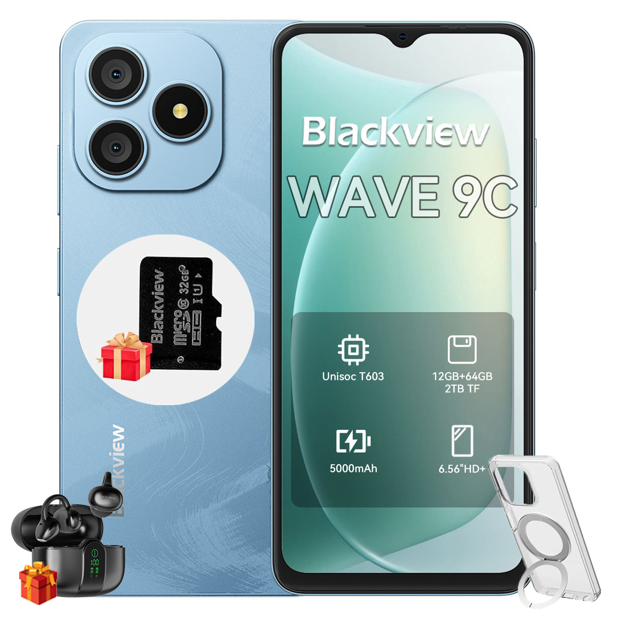 Ein blaues Smartphone mit drei Kameras, SD-Karte und Kopfhörern.
