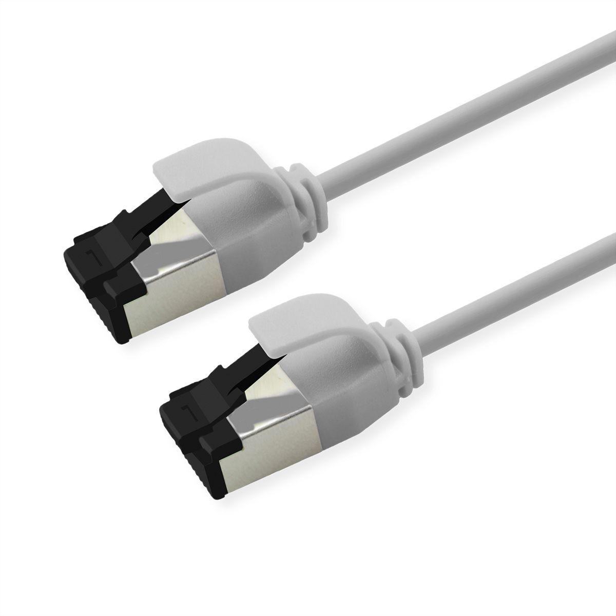 Twee grijze netwerkkabels met zilveren connectoren en zwarte clips op witte achtergrond.