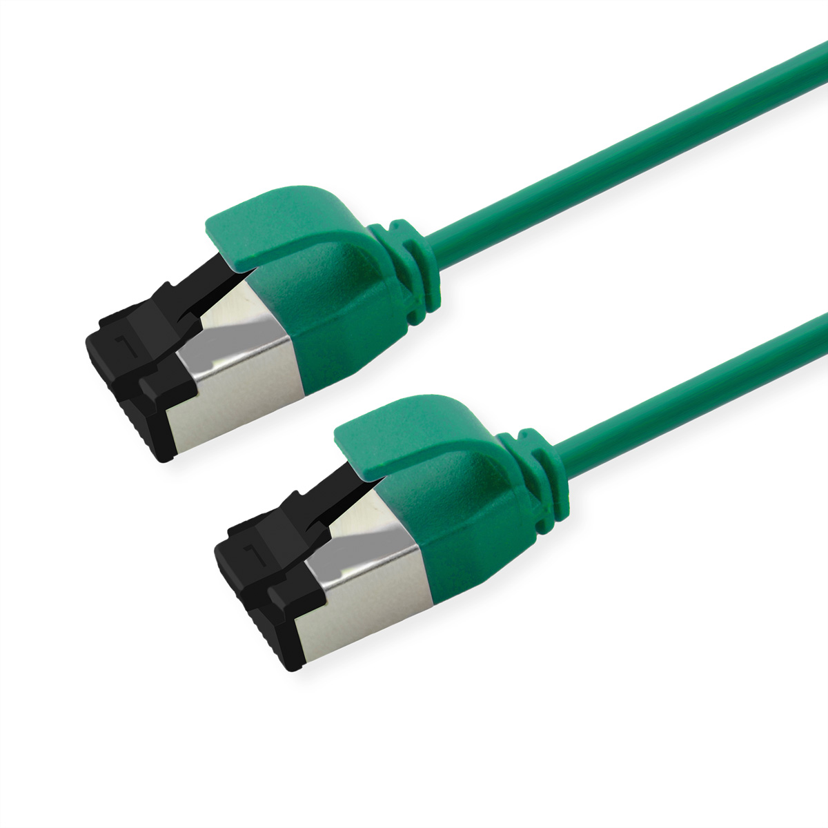 Twee groene netwerkkabels met zilveren connectoren op witte achtergrond.