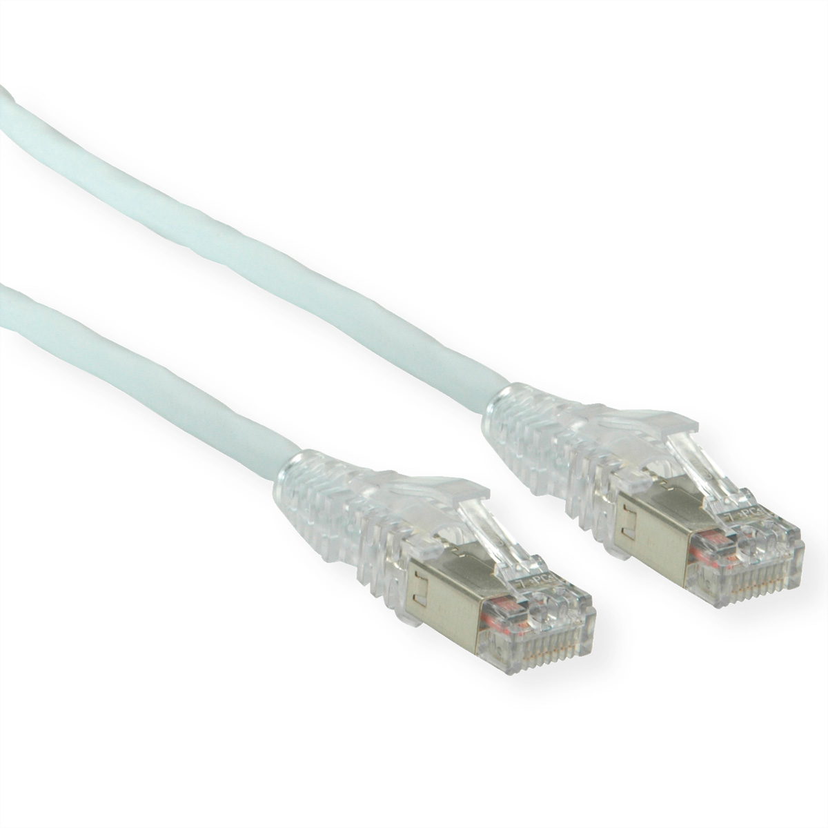 Zwei hellblaue Netzwerkkabel mit transparenten Steckern auf weißem Hintergrund.
