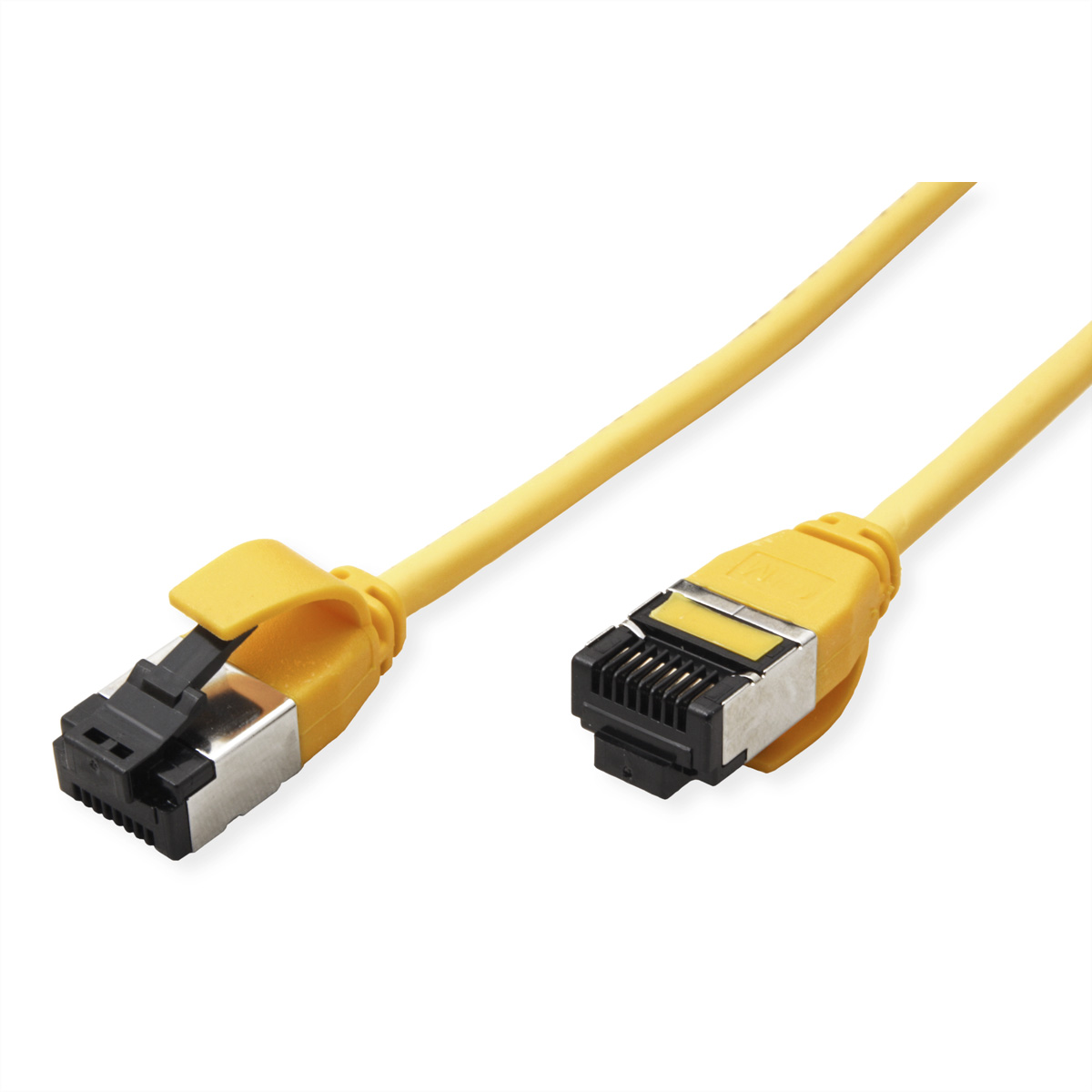 Een gele netwerkkabel met twee RJ45-connectoren, waarvan één met clip.