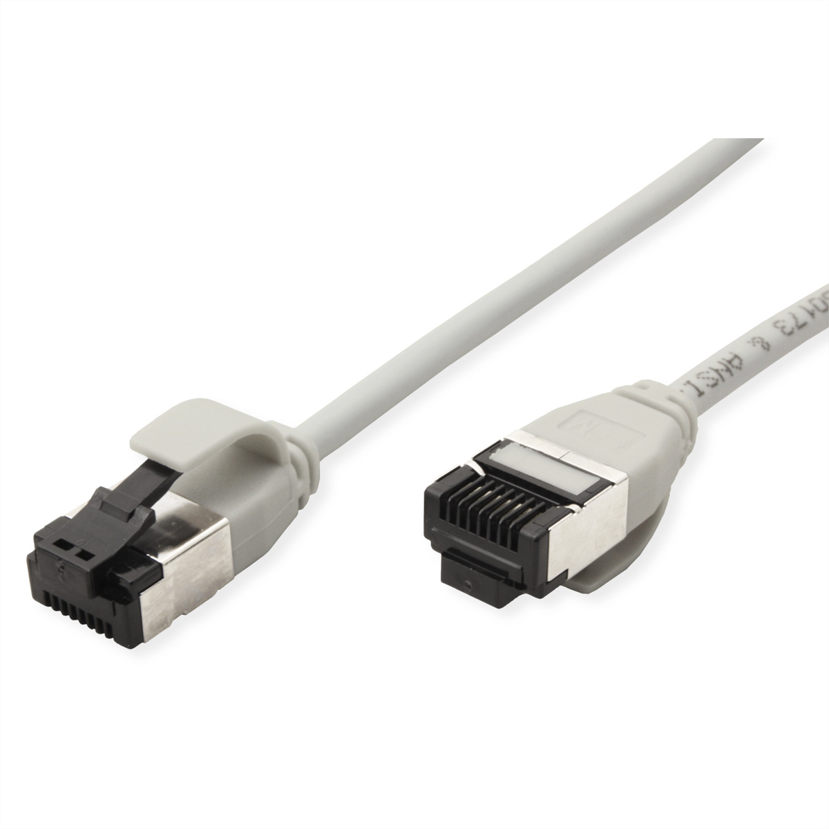 Twee grijze Ethernet-kabelconnectoren met zilveren metalen contacten op witte achtergrond.