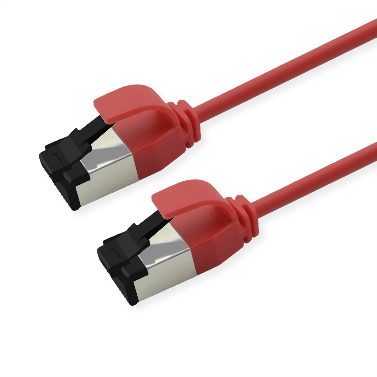 Twee rode netwerkkabels met zilveren connectoren op witte achtergrond.