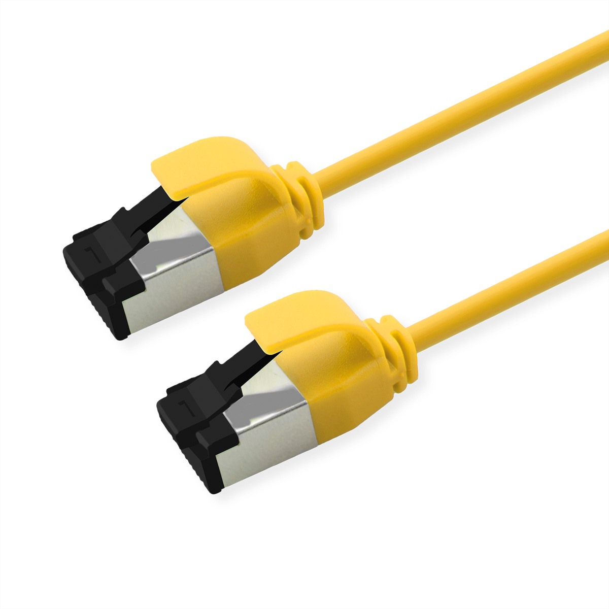 Twee gele netwerkkabels met zilveren connectoren op witte achtergrond.