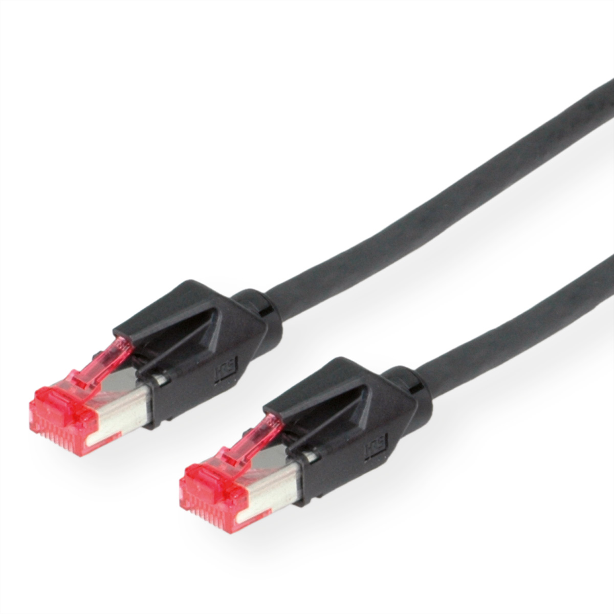 Deux câbles réseau noirs avec connecteurs RJ45 rouges sur fond blanc.
