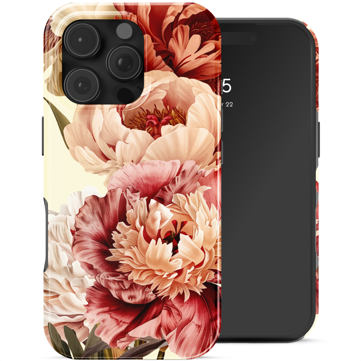 Een smartphone met een bloemenhoes in rode en beige tinten.