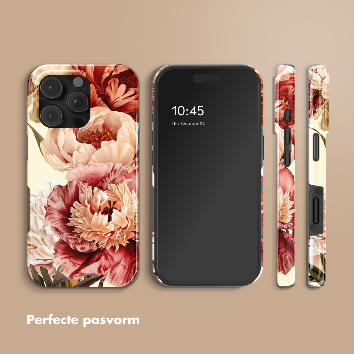 Een telefoonhoesje met bloemenpatroon, naast een smartphone en twee zijaanzichten.