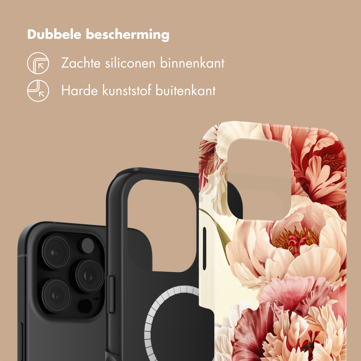 Tre cover per telefono: una nera con fotocamere, una nera con anello magnetico, e una floreale.