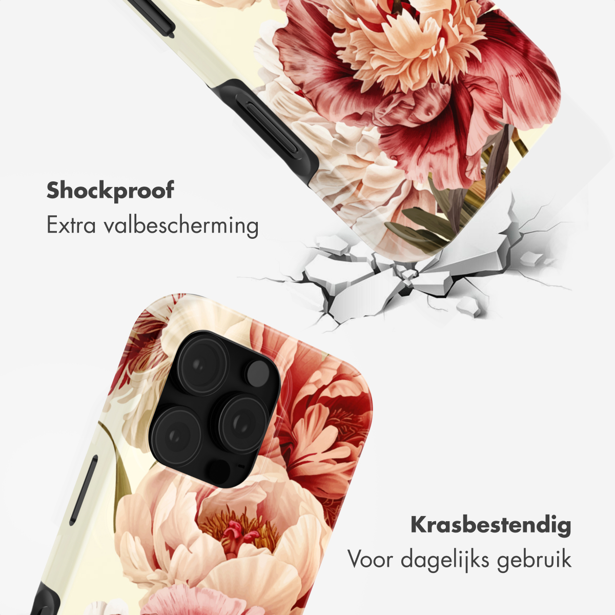 Een telefoonhoesje met bloemenpatroon, dat schokbestendige en krasbestendige functies toont.