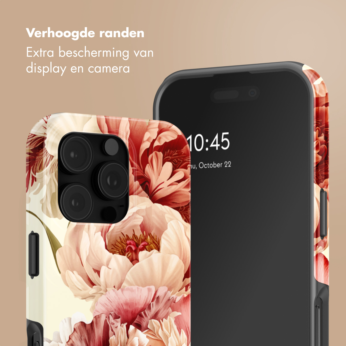 Een telefoon met bloemenhoes. Verhoogde randen beschermen het scherm en de camera.