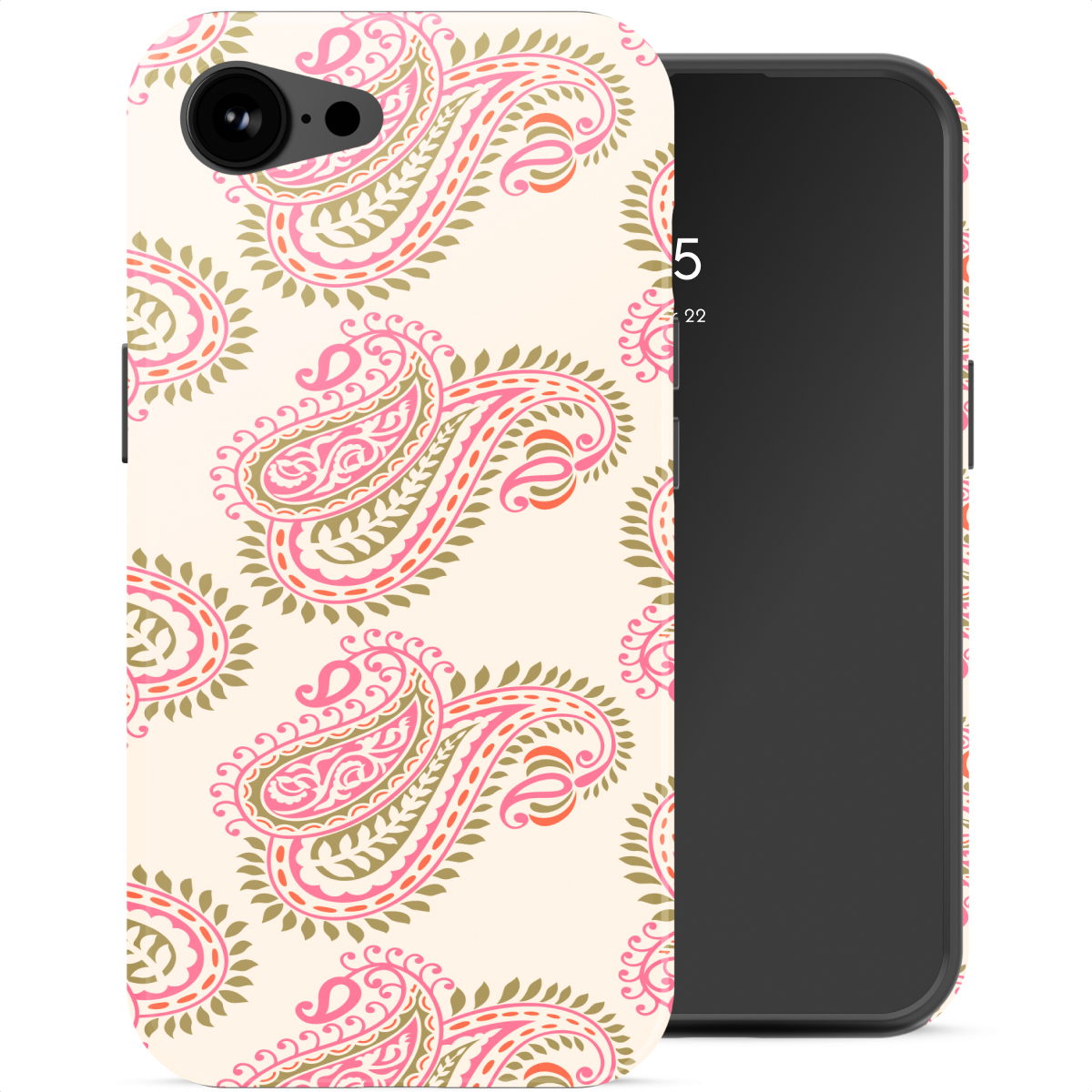 Un téléphone avec un étui crème orné d'un motif cachemire rose et vert.