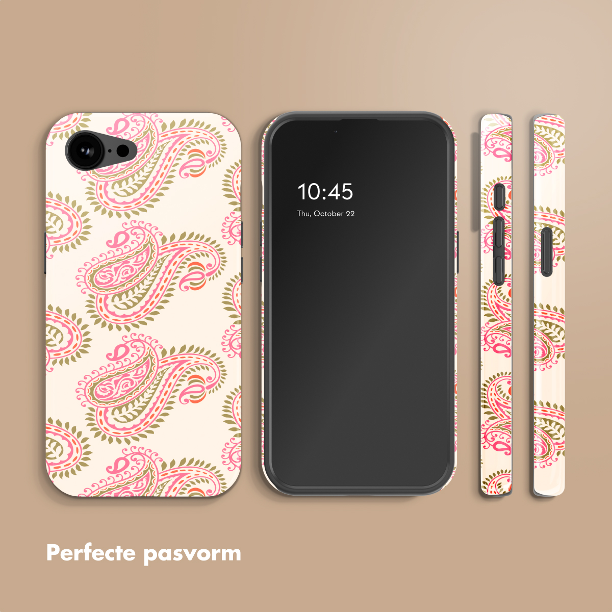 Un smartphone avec un motif cachemire rose et vert sur fond clair.
