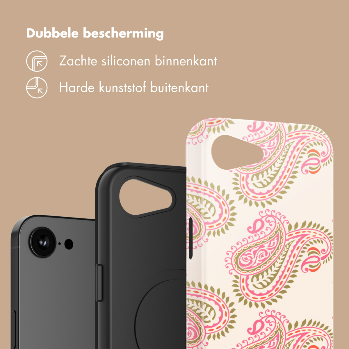 Smartphone noir avec deux coques : une à motifs et une noire.