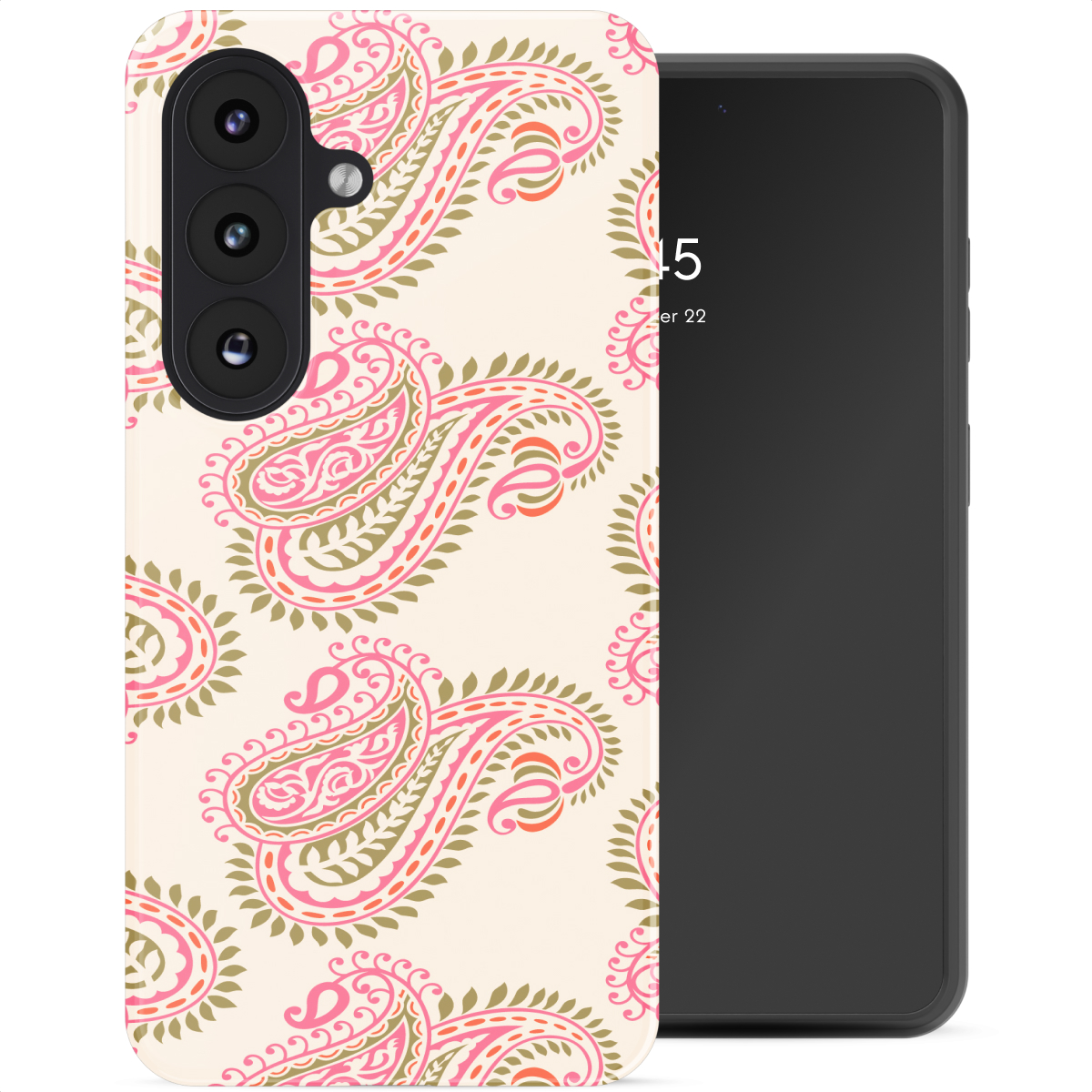 Een telefoonhoesje met een roze, oranje en groen paisleypatroon op een crème achtergrond.