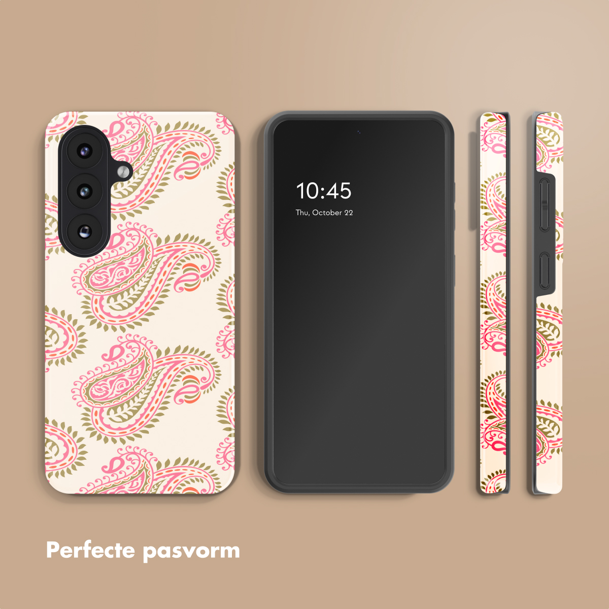 Telefoonhoesje met paisley-patroon naast een smartphone.