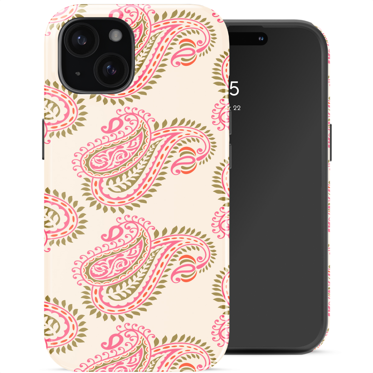 Una custodia per telefono beige chiaro con motivo cachemire rosa e uno smartphone nero.
