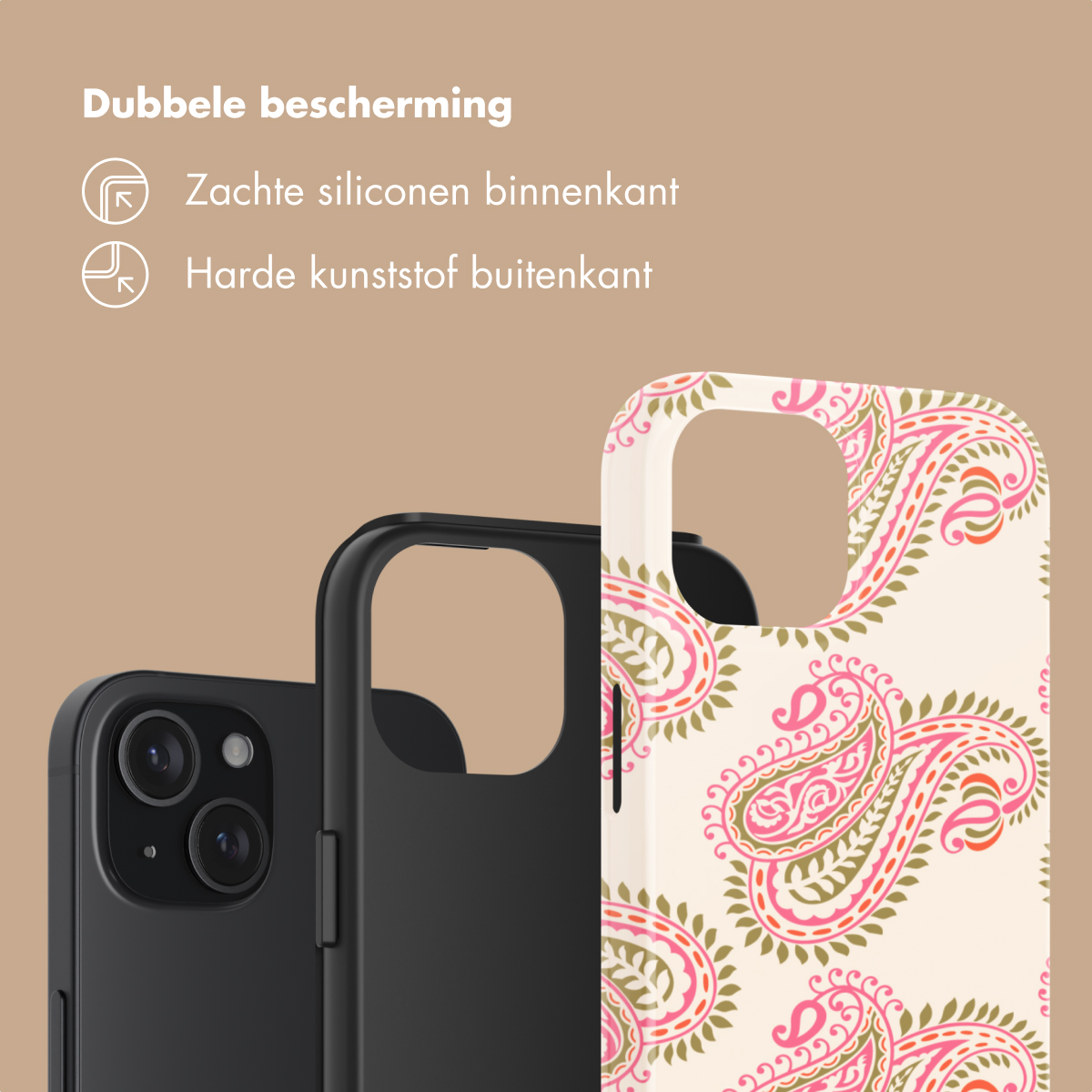 Uno smartphone nero con due custodie. Una è nera, l'altra ha un motivo paisley.