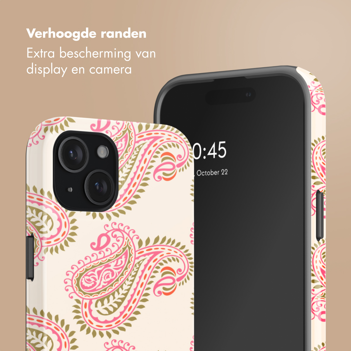 Un telefono con custodia a fantasia paisley, che oscura parzialmente lo schermo.
