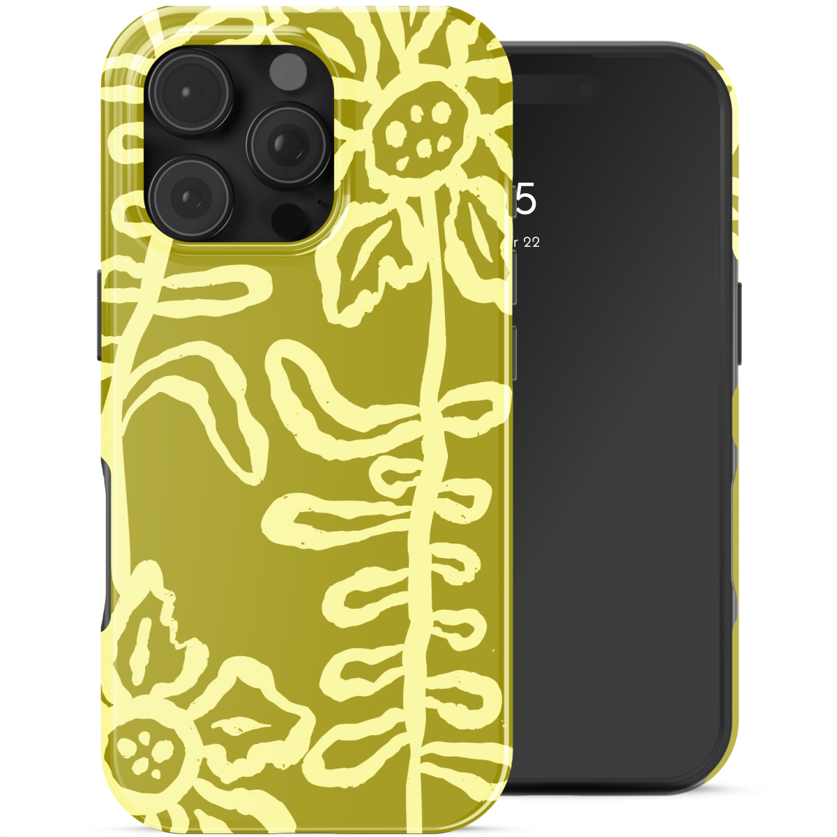 Een olijfgroene telefoonhoes met geel bloemenpatroon naast een zwarte smartphone.