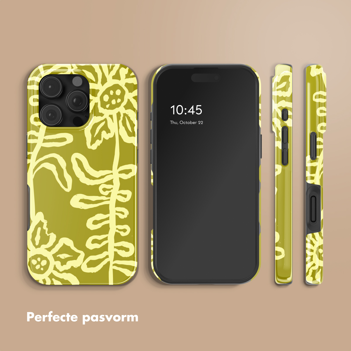 Een telefoon met een geel bloemenpatroon hoesje. Meerdere weergaven getoond.