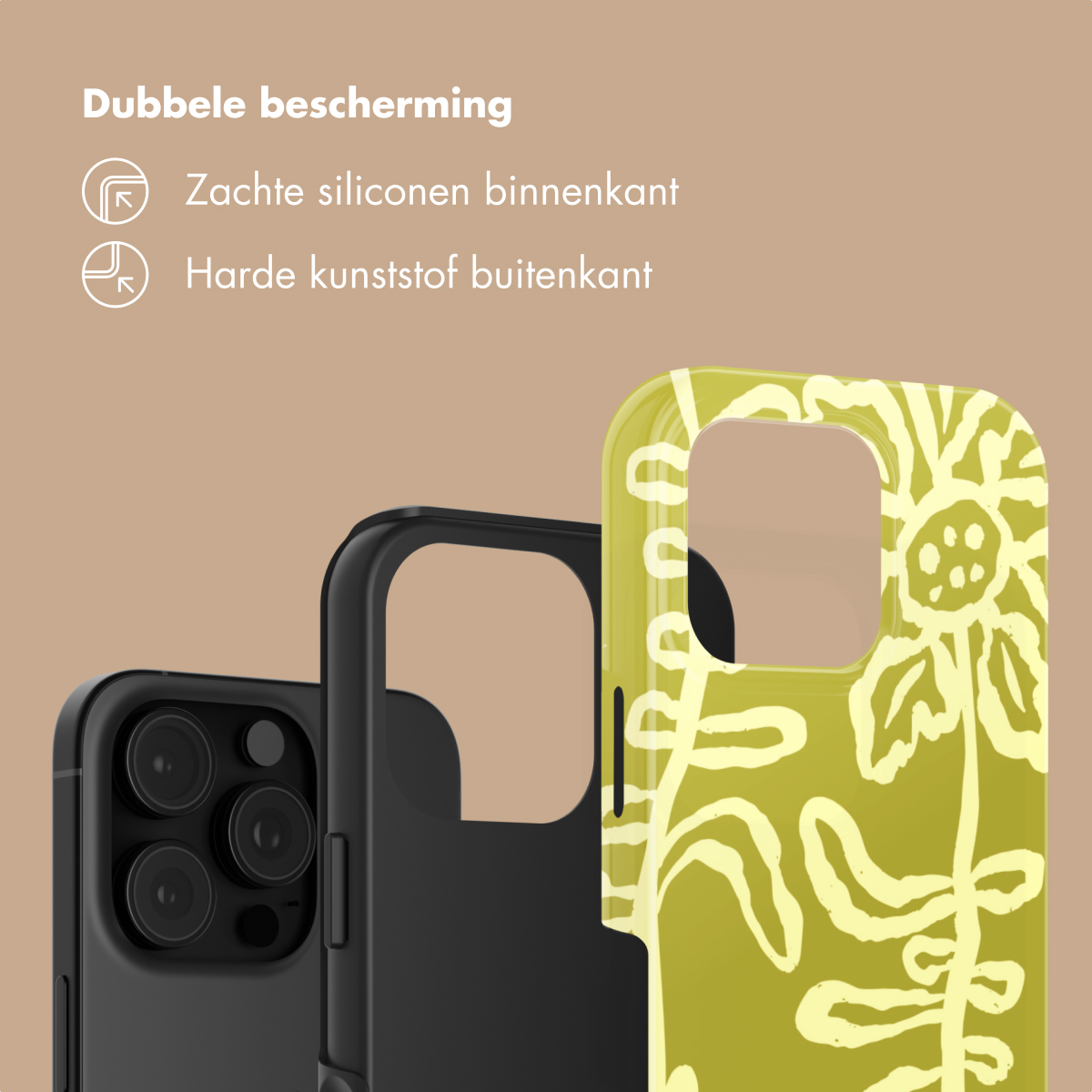 Een zwarte telefoon en twee telefoonhoesjes, waarvan één met patroon.