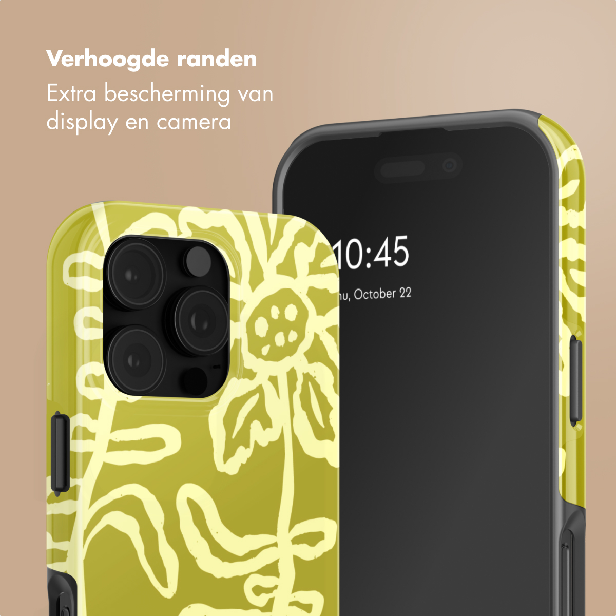 Telefoon met hoesje met bloemenpatroon. Verhoogde randen voor scherm- en camerabescherming.