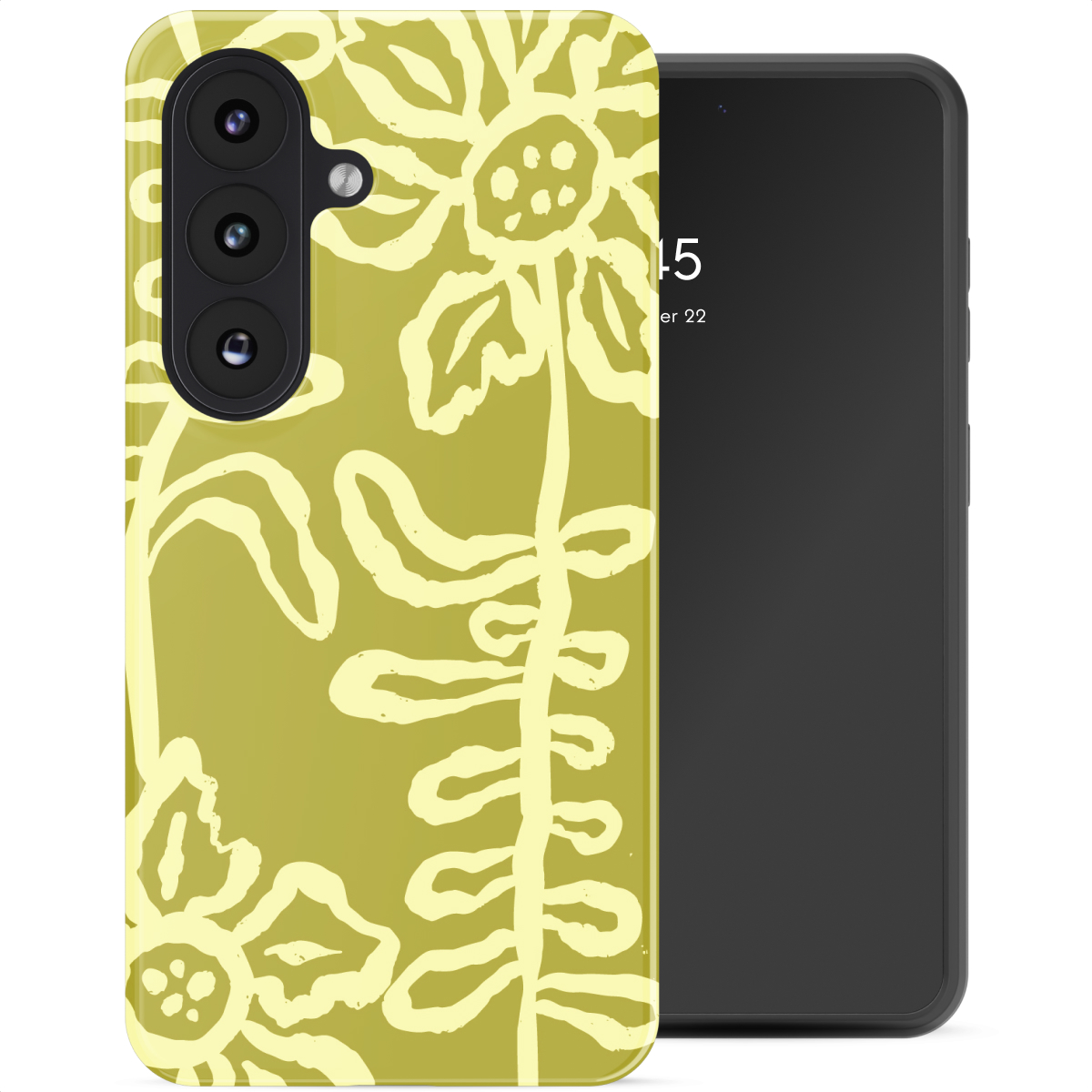 Een gele telefoonhoes met een lichtgeel bloemenpatroon en een camera.