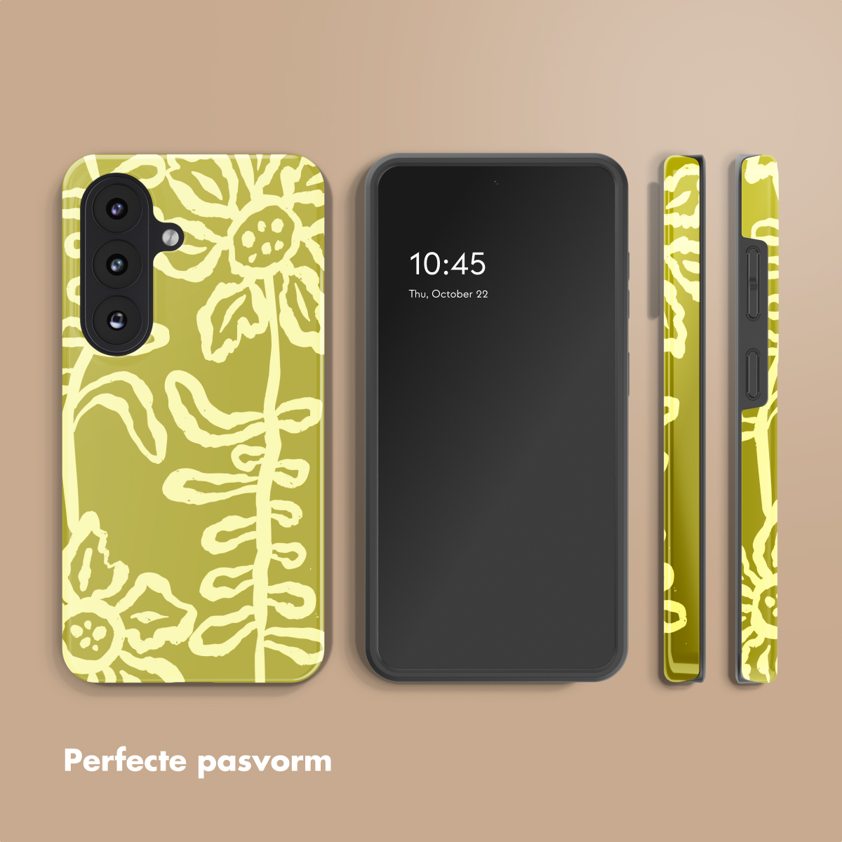 Een mobiele telefoon met een groene hoes met geel bloemenpatroon, ernaast getoond.