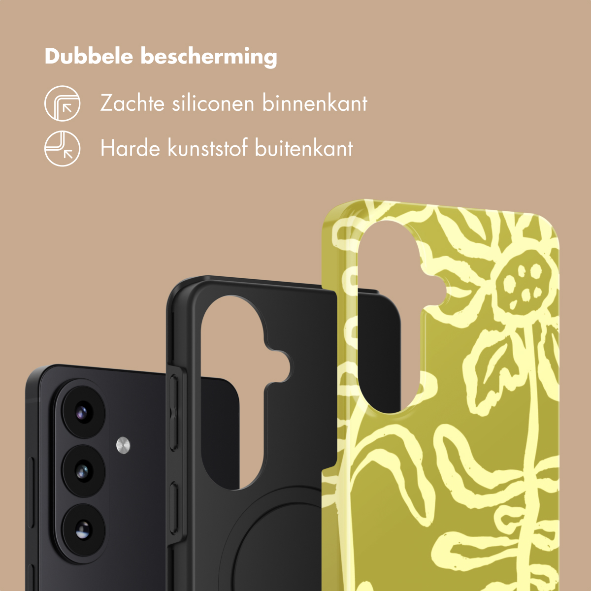 Zwarte telefoon met twee beschermhoesjes, één zwart, één groen met bloemen.