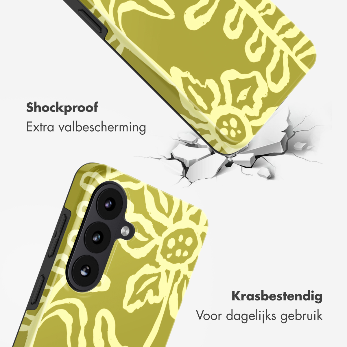 Geel telefoonhoesje met bloemenpatroon valt en breekt grond.