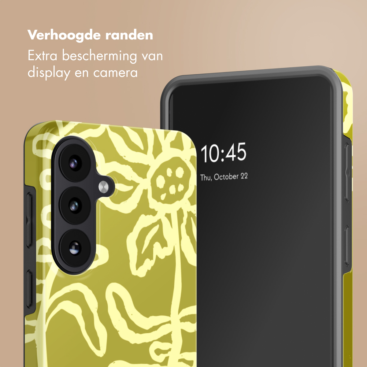 Een geel telefoonhoesje met bloemenpatroon, naast een smartphone.