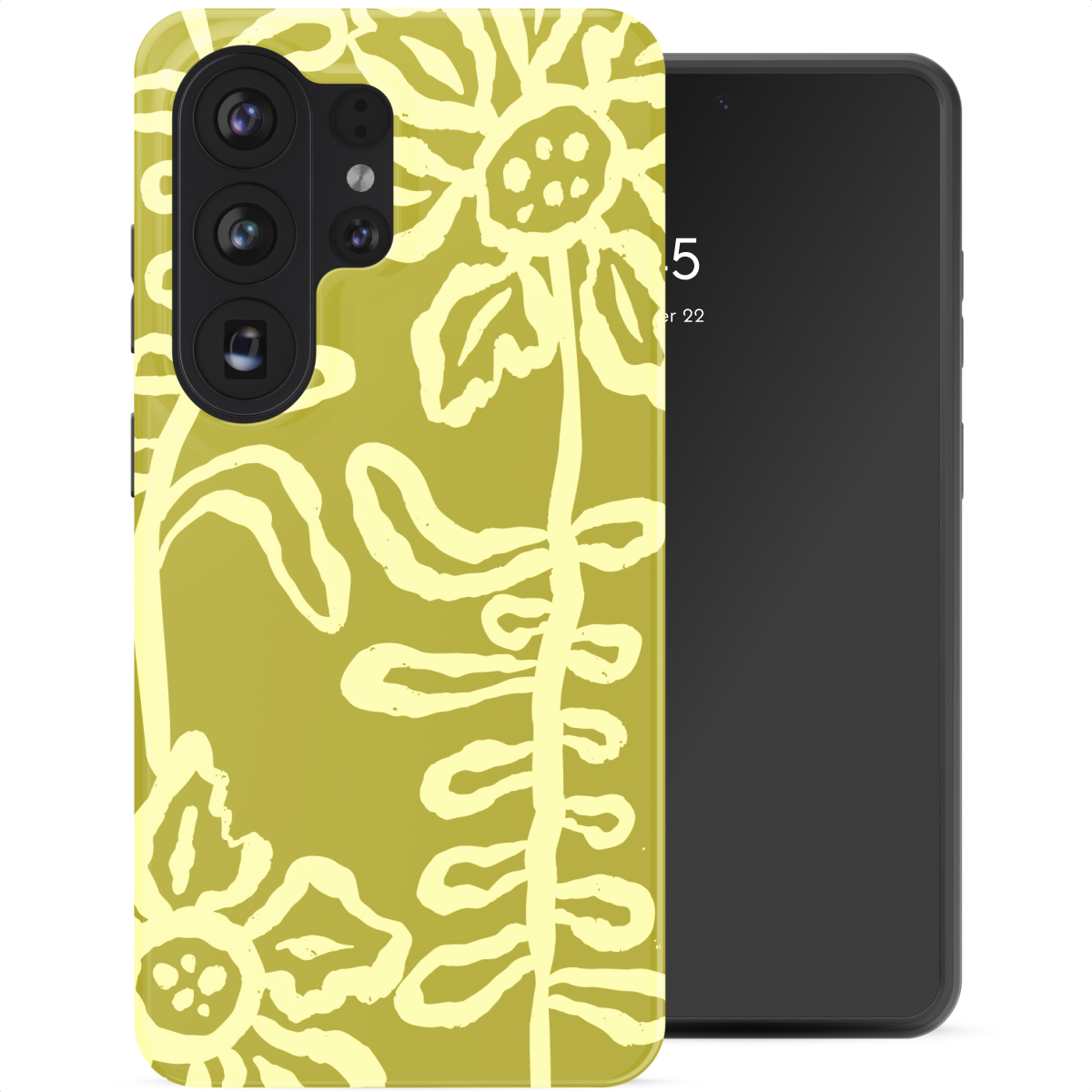 Une coque de téléphone verte à motif floral jaune à côté d'un smartphone sombre.