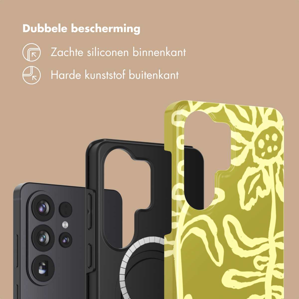Trois couches de conception de coque de téléphone : téléphone noir, cadre noir, coque florale jaune.