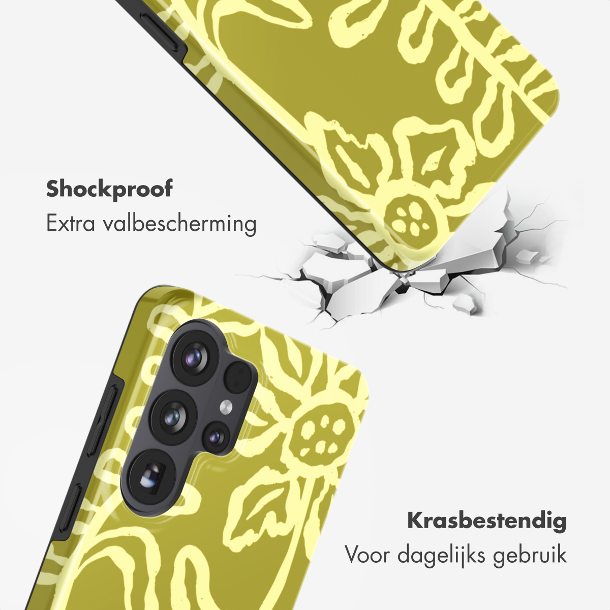 Coque de téléphone jaune à motif floral tombant et brisant le sol.