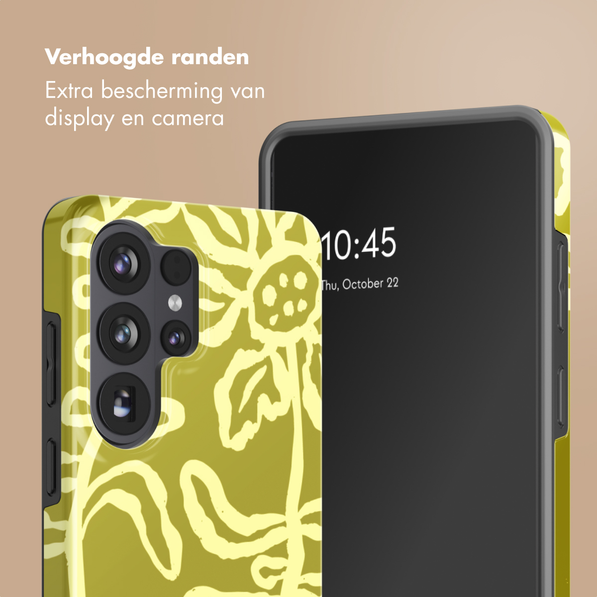 Un téléphone avec un étui à bord surélevé à motif tournesol.