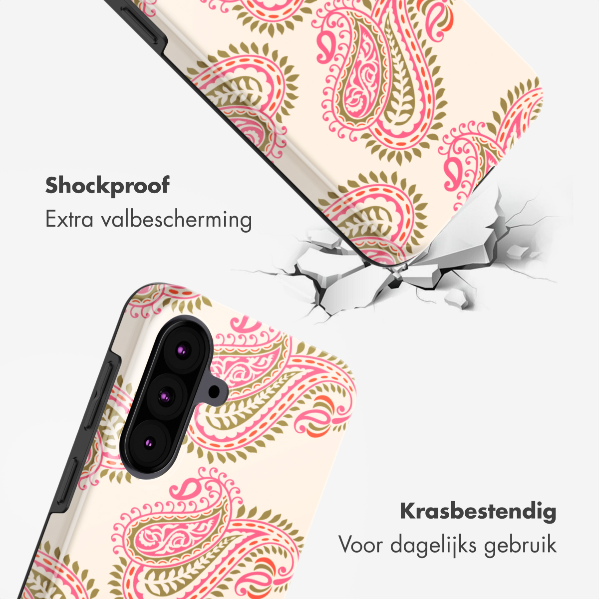 Coque de téléphone motif cachemire rose et vert sur fond clair. Anti-choc.