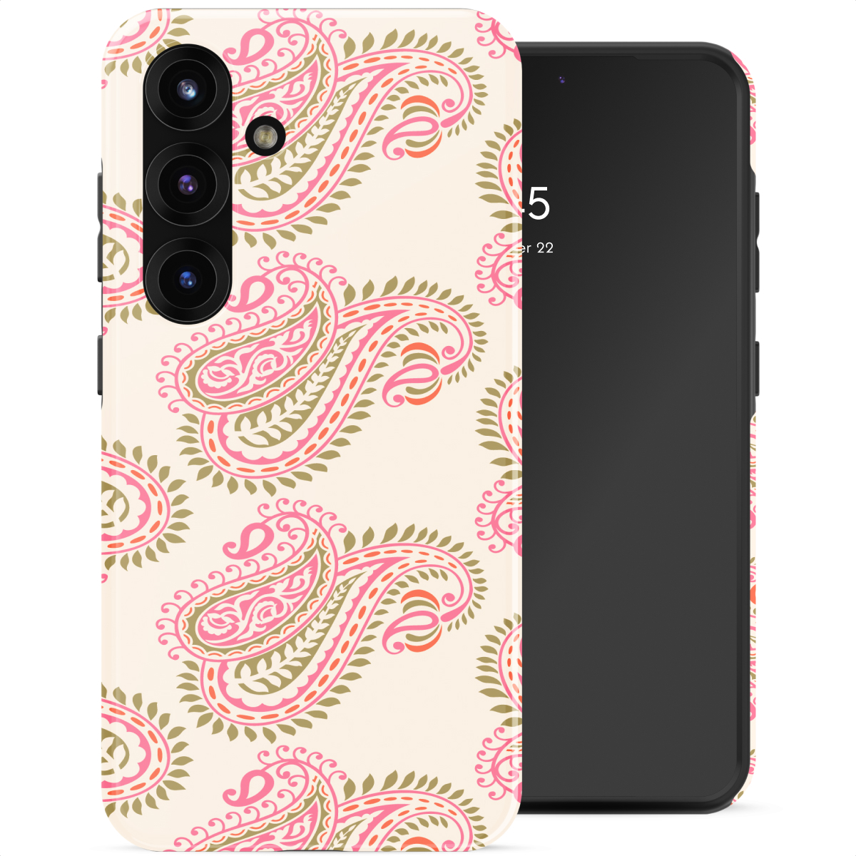 Een smartphone met een roze en groen paisleypatroon op een crème achtergrond.